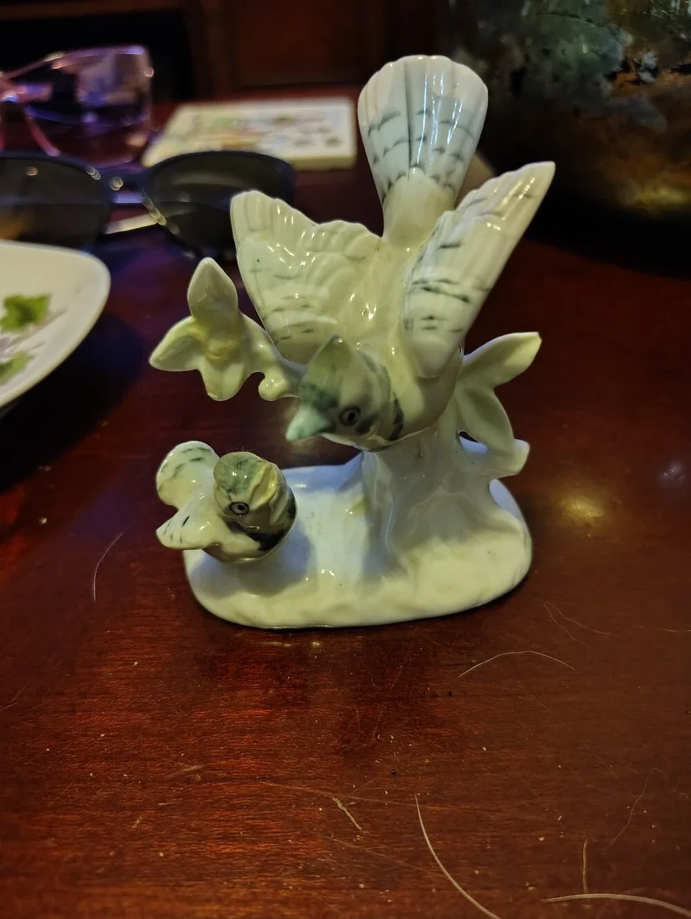 Vintage Japan Blue Jay And Baby Ceramic Bird Figurine in Pale Green -